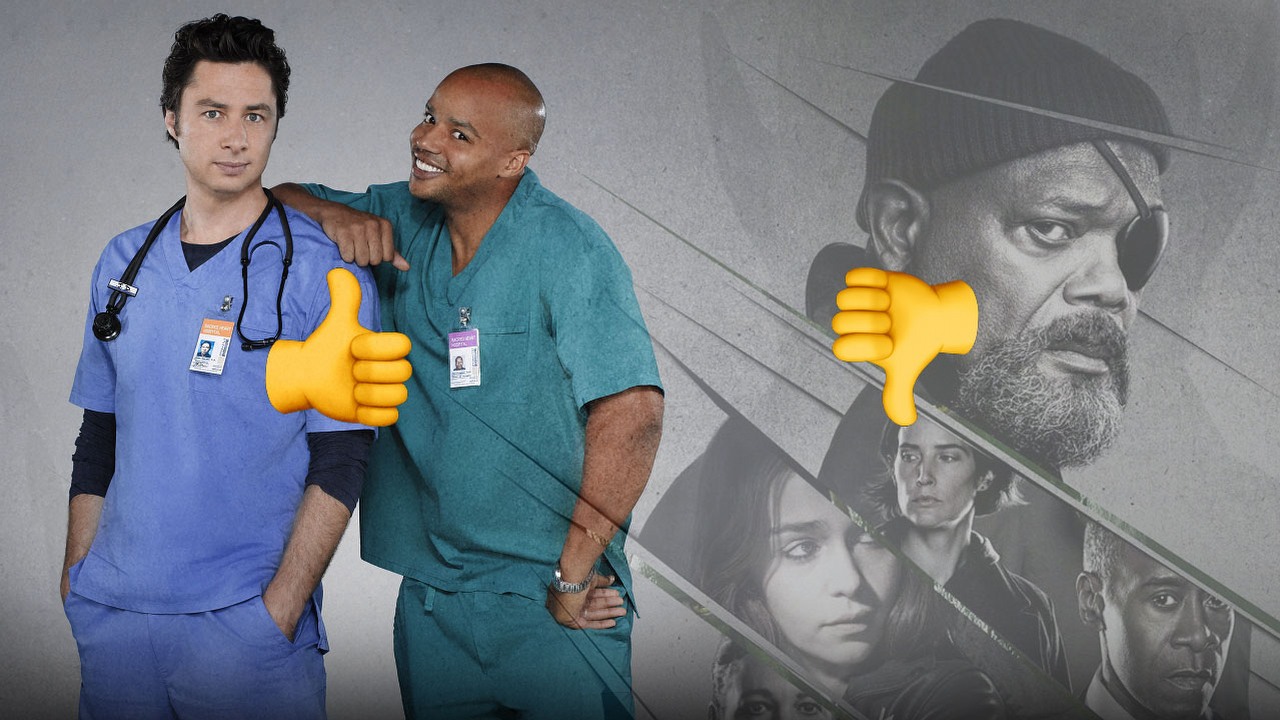 Na Netflixie, Amazonie czy Disney Plus chętniej sięgam po starsze seriale. Nowe mnie nie ruszają, źródło grafiki: Scrubs, twórca: Bill Lawrence, NBC 2001; Secret Invasion, showrunner: Kyle Bradstreet, Disney 2023.