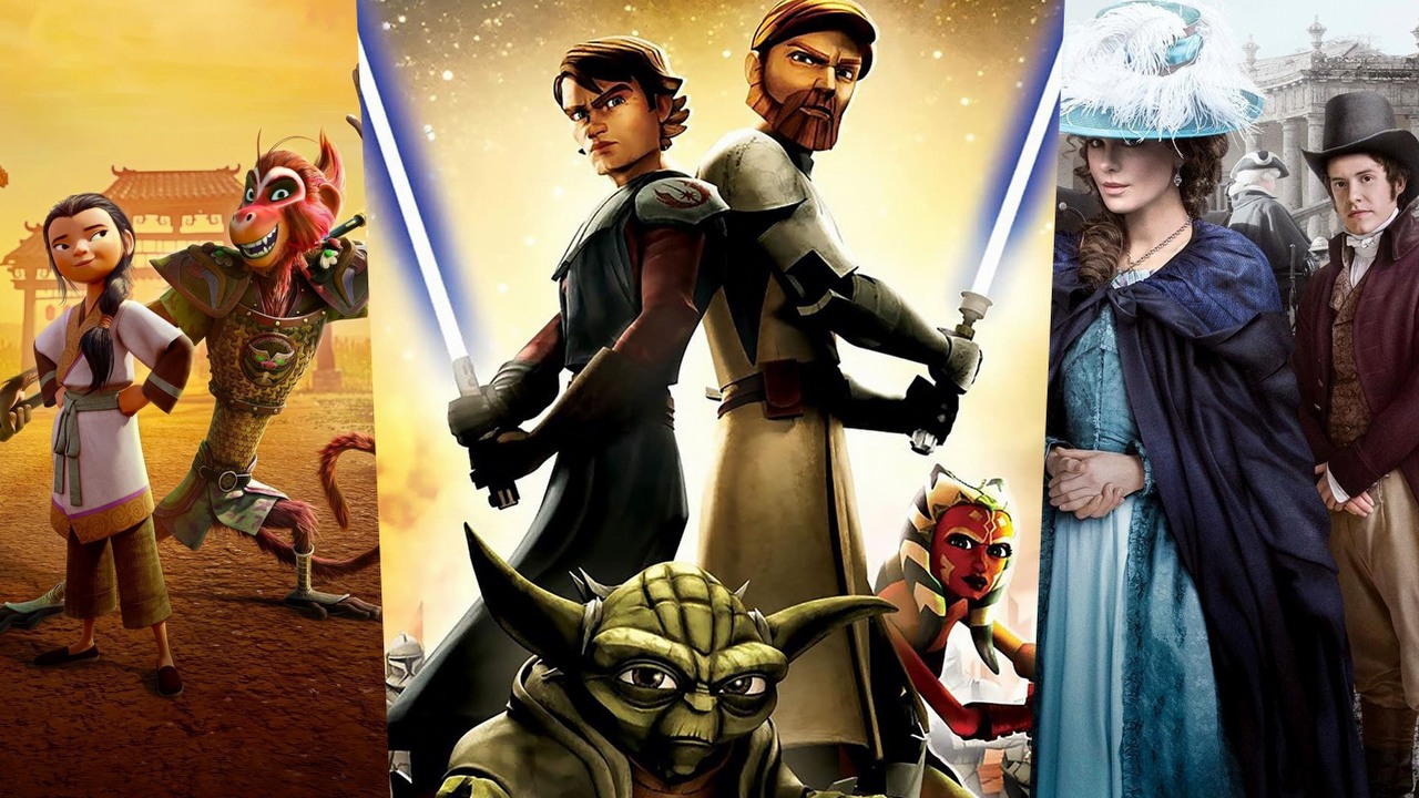 Co obejrzeć na Netflix, HBO Max i Disney Plus w weekend 18-20 sierpnia 2023 roku, źródło grafiki: Małpi Król, Anthony Stacchi, Netflix, 2023 / Gwiezdne wojny: Wojny klonów, Dave Filoni, Lucasfilm Ltd., 2008 / Przyjaźń czy kochanie?, Whit Stillman, Blinder Films, 2016.