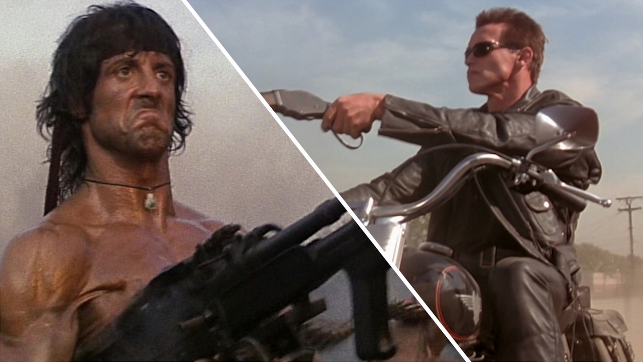 „Rzuciłem w niego ogromnym wazonem”. Tak 46 lat temu zaczęła się rywalizacja między Stallone'em i Schwarzeneggerem, źródło grafiki: Rambo 2, George P. Cosmatos, Anabasis N.V., 1985 / Terminator 2: Dzień sądu, James Cameron, Carolco Pictures, 1991.