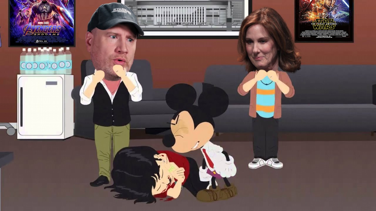 Nowe projekty Star Wars i MCU musiały być zapowiadane zanim były gotowe. Winny ma być Disney, źródło grafiki: South Park; Trey Parker i Matt Stone; Comedy Central; 1997 / Kevin Feige; YouTube: Marvel Entertainment; 2023 / Kathleen Kennedy; Gage Skidmore; flickr.com; 2019.