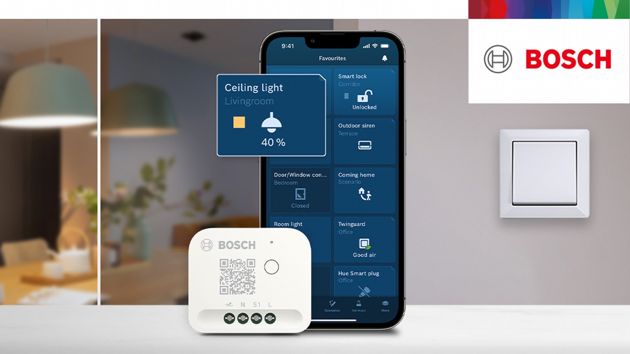 Nowe urządzenie Bosch przekształca klasyczne oświetlenie w inteligentne; można nim sterować głosem lub smartfonem, źródło grafiki: Bosch.