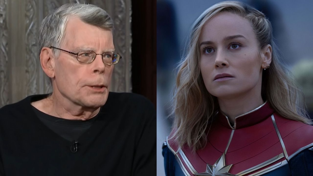 Stephena Kinga nie obchodzą filmy Marvela, ale krytykuje fanów, którzy „napawają się” porażką The Marvels, źródło grafiki: The Marvels, Nia DaCosta, Marvel, 2023 / Stephen King, YouTube: The Late Show with Stephen Colbert, 2021.