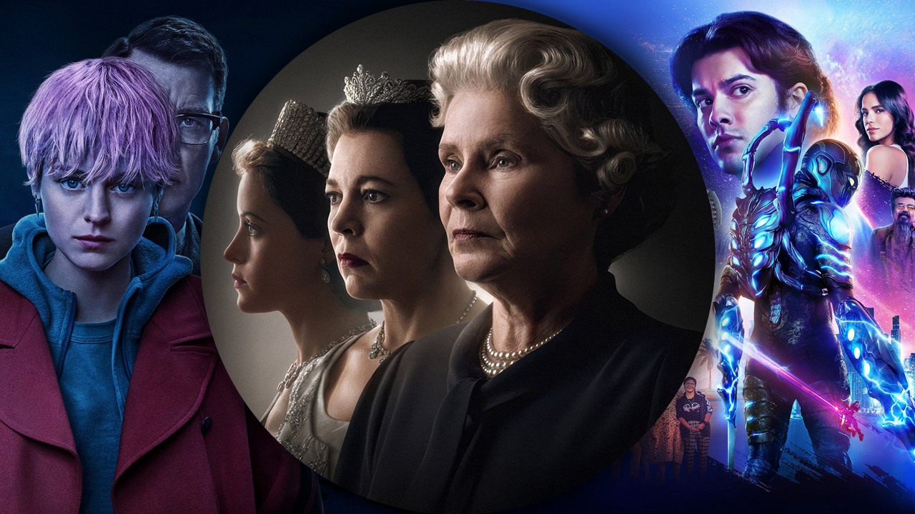 Co obejrzeć na Netflix, HBO Max i Disney Plus w weekend 17-19 listopada 2023 roku, źródło grafiki: Morderstwo na końcu świata, Brit Marling i Zal Batmanglij, FX, 2023 / The Crown, Peter Morgan, Netflix, 2016 / Blue Beetle, Angel Manuel Soto, Warner Bros. Pictures, 2023.