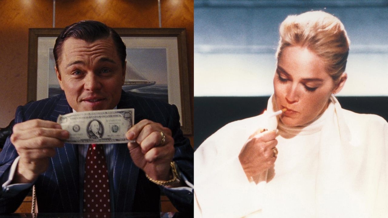 Leonardo DiCaprio zdradził, czemu jest tak wiele winien Sharon Stone. „Nie ma słów, by wyrazić moją wdzięczność”, źródło grafiki: Nagi instynkt, Paul Verhoeven, Canal+, 1992 / Wilk z Wall Street, Martin Scorsese, Paramount Pictures, 2013..