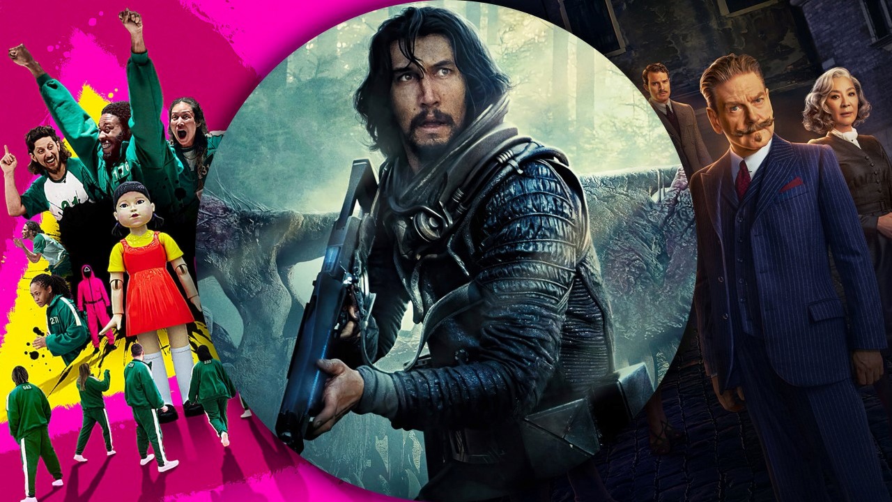 Co obejrzeć na Netflix, HBO Max i Disney Plus w weekend 24-26 listopada 2023 roku, źródło grafiki: Squid Game: Wyzwanie, Netflix, 2023 / 65, Scott Beck i Bryan Woods, Columbia Pictures, 2023 / Duchy w Wenecji, Kenneth Branagh, 20th Century Studios, 2023.