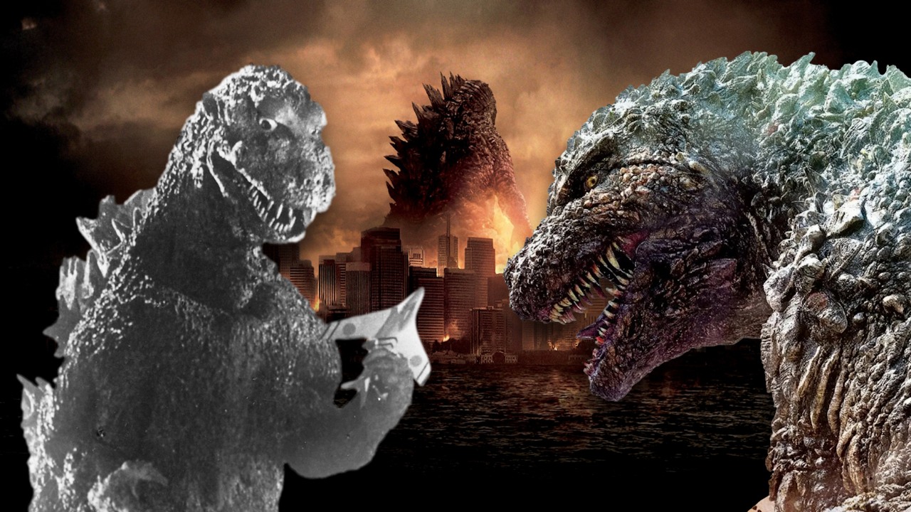 Wyjaśniamy chronologię i ery Godzilli, źródło grafiki: Godzilla; reż. Ishiro Honda; Toho; 1954 / Godzilla; reż. Gareth Edwards; Warner Bros. Pictures; 2014 / Godzilla Minus One; reż. Takashi Yamazaki; Toho Studios; 2023.