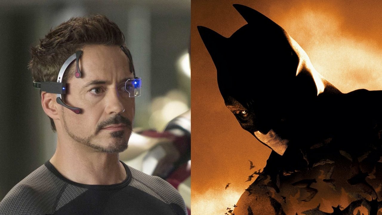 Zanim został Iron Manem, Robert Downey Jr. ubiegał się o rolę w Batmanie. Christopher Nolan skreślił go już na początku, źródło grafiki: Iron Man 3, Shane Black, Marvel, 2013 /  Batman: Początek, Christopher Nolan, DC, 2005.