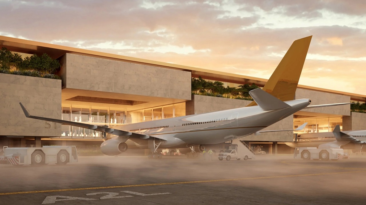 Największe lotnisko świata już powstaje. Będzie to całe aerotropolis z sześcioma pasami startowymi, źródło grafiki: Foster + Partners.