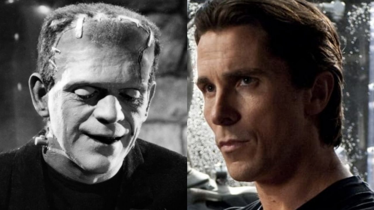 Christian Bale jako punkrockowy potwór Frankensteina na pierwszym zdjęciu z The Bride, źródło grafiki: Narzeczona Frankensteina, James Whale, Universal Pictures, 1935 / Mroczny Rycerz powstaje, Christopher Nolan, Warner Bros., 2012..