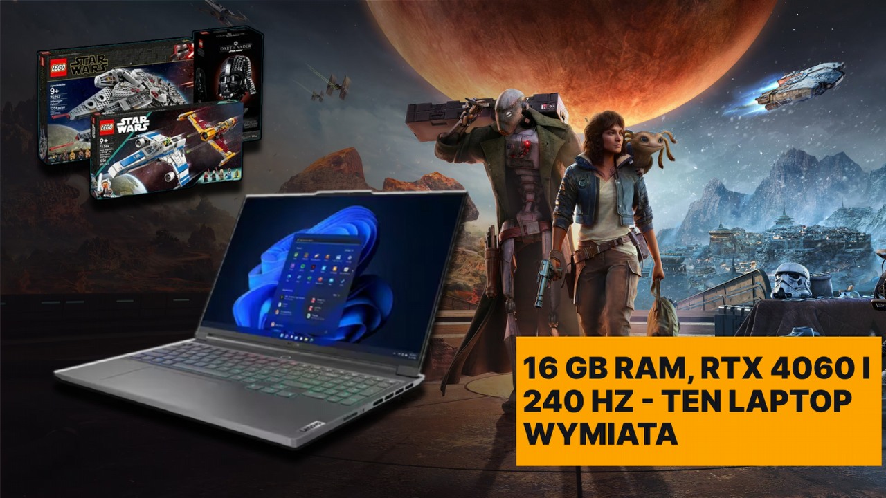 Ta oferta to mistrzostwo świata. Kupując między innymi laptop Lenovo Legion Slim 5 w promocyjnej cenie, otrzymasz zestaw LEGO oraz grę Star Wars: Outlaws, źródło grafiki: Ubisoft, Lenovo, LEGO.