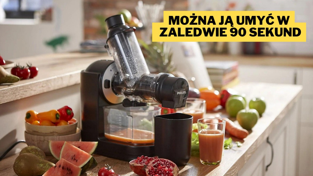 Bosch, Tefal, Kenwood i Amica mogą się rozejść, bo w tej cenie najlepszą wyciskarkę wolnoobrotową oferuje Philips. Dzięki temu niewielkiemu urządzeniu w końcu zacznę się zdrowo odżywiać, źródło grafiki: Philips.