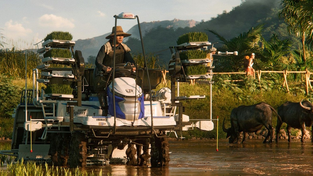 Pierwsza taka mapa w historii Farming Simulator na zwiastunie i screenach. W FS 25 wyruszymy do Azji, by uprawiać ryż i hodować bawoły, źródło grafiki: Giants Software.