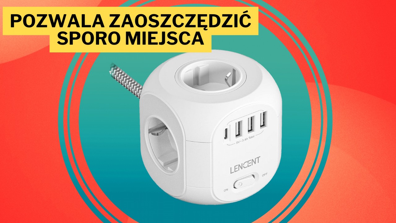 Cztery gniazda elektryczne i cztery wejścia USB. Ten przedłużacz w kształcie kostki sprawdzi się w domu i w biurze, źródło grafiki: Lencent.