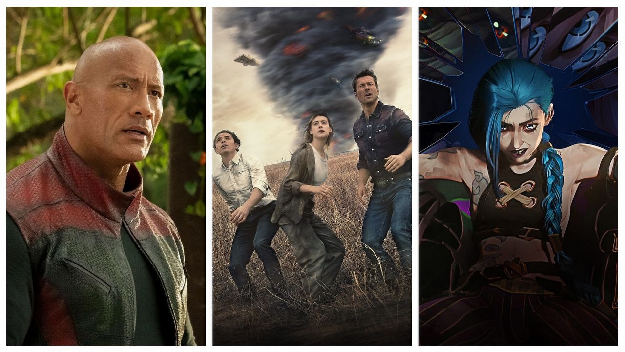 Co obejrzeć w długi weekend na Netflixie, Max, Disney Plus, Prime Video i w kinach, źródło grafiki: Czerwona jedynka, Jake Kasdan, Universal Pictures, 2024 / Arcane, Christian Linke, Netflix, 2021 / Twisters, Lee Isaac Chung, Amblin Entertainment, 2024.