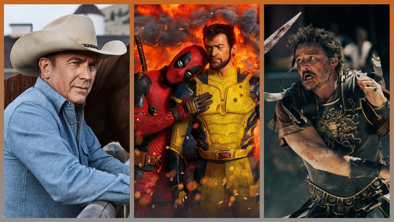 Co obejrzeć w weekend na Netflixie, Max, Disney Plus, Prime Video, Apple TV Plus, SkyShowtime i w kinach, źródło grafiki: Yellowstone, Taylor Sheridan, Paramount, 2018 / Deadpool 3, Shawn Levy, Marvel, 2024 / Gladiator 2, Ridey Scott, Paramount, 2024.