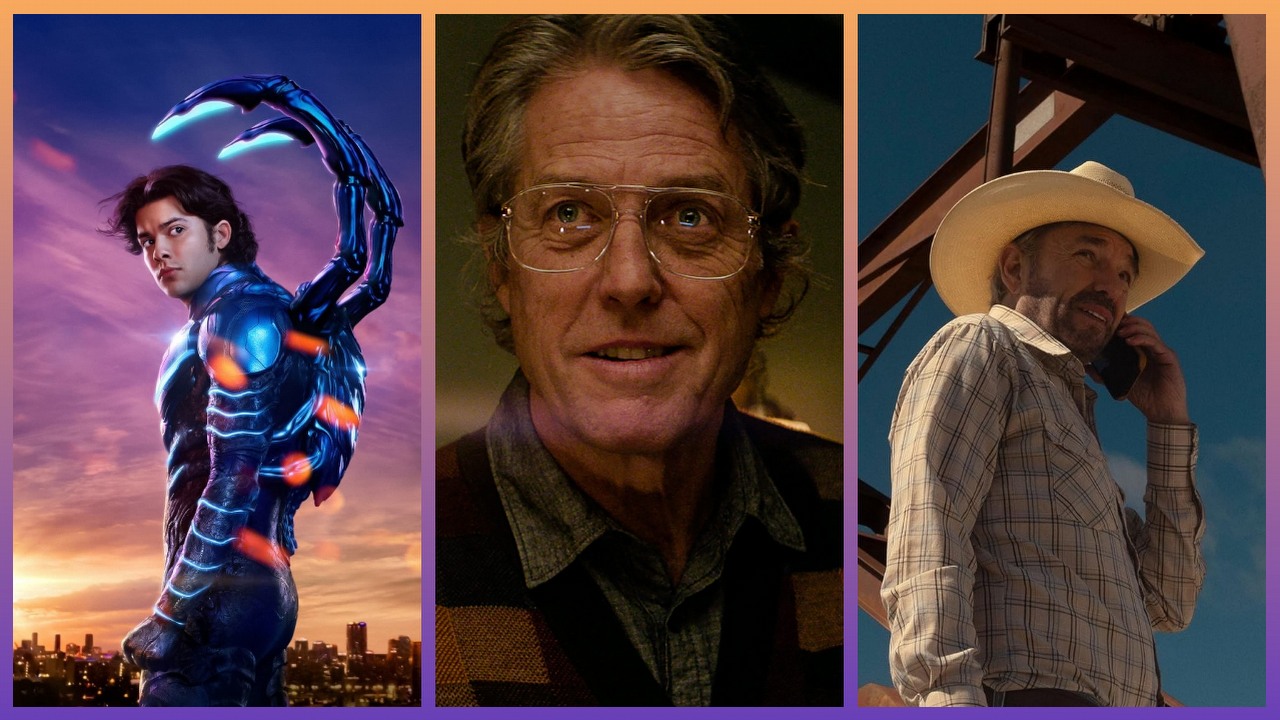 Co obejrzeć w weekend na Netflixie, Max, Disney Plus, Prime Video, SkyShowtime, Apple TV Plus i w kinach, źródło grafiki: Blue Beetle, Angel Manuel Soto, DC, 2023 / Heretic, Scott Beck, Bryan Woods, A24/  Landman, Taylor Sheridan, Paramount, 2024.