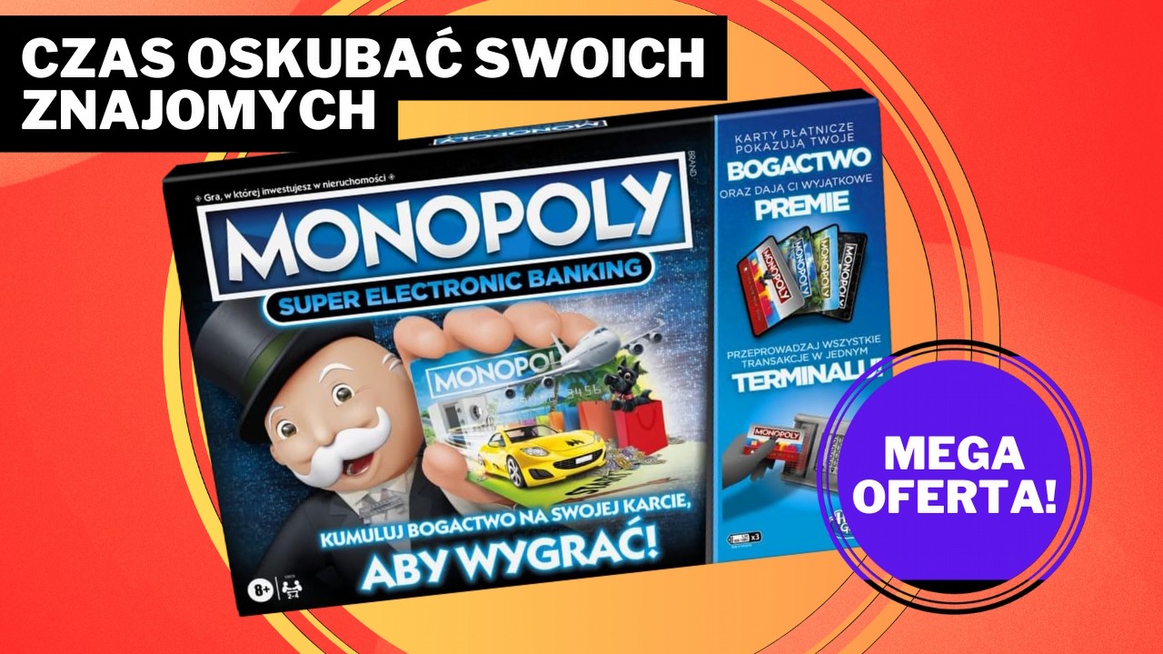 Przywitaj 2025 rok z dorobkiem życia Twoich znajomych. W Monopoly Super Electronic Banking nie potrzebujesz gotówki, żeby puścić ich z torbami, źródło grafiki: Hasbro.