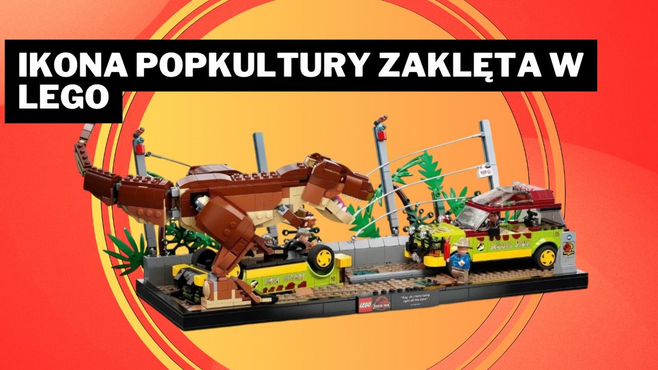 Ten zestaw LEGO wkrótce wyginie jak dinozaury! Przedstawia kultową scenę z Parku Jurajskiego, której nie zapomnę, źródło grafiki: LEGO.