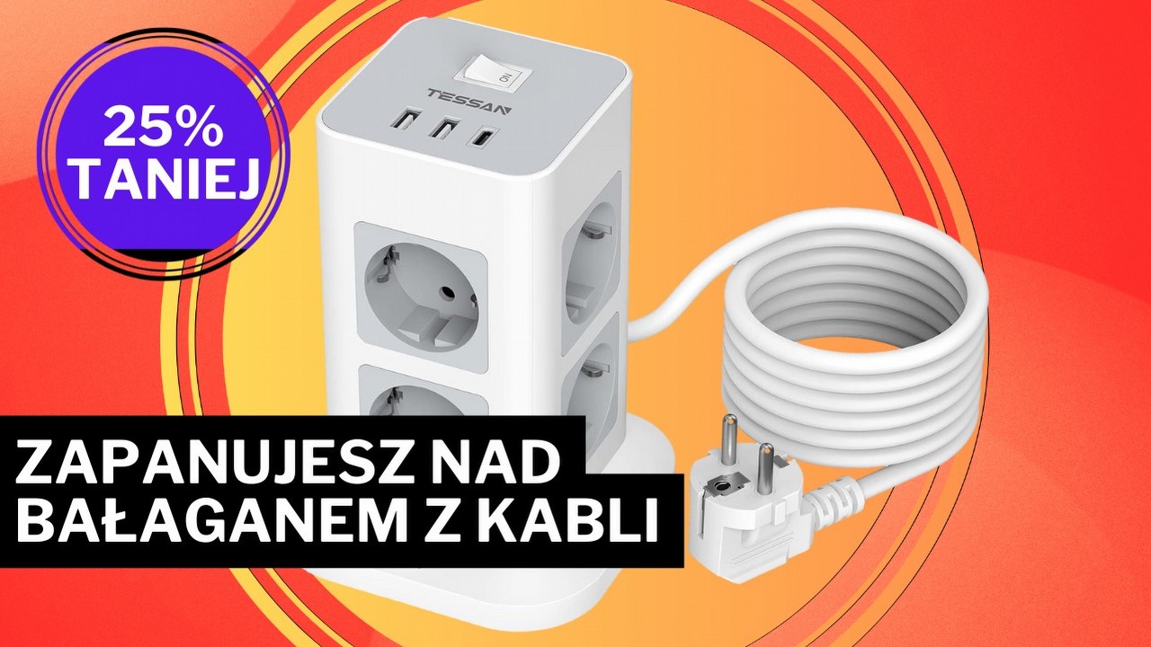Biała Wieża wśród przedłużaczy. Pionowa listwa obroni Twoje kable przed siłami chaosu, źródło grafiki: Tessan; materiały promocyjne.