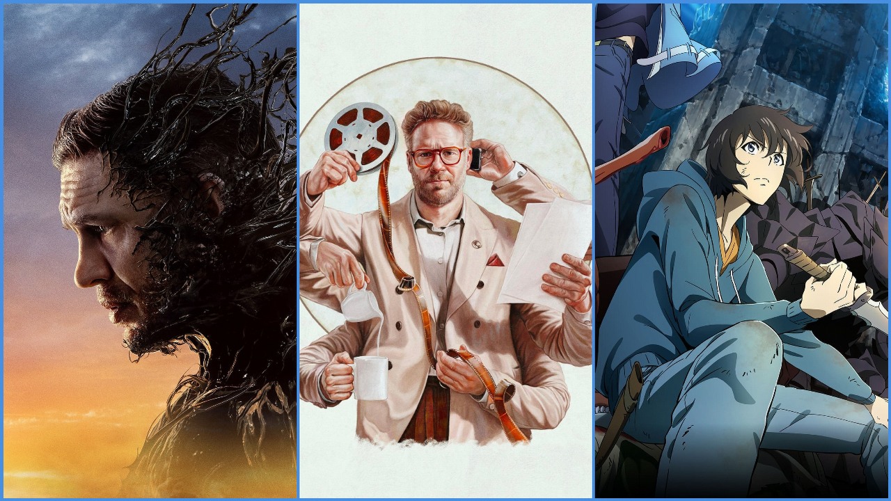 W ten weekend obejrzysz gorąco oczekiwany finał 2. sezonu Solo Leveling, zwieńczenie przebojowej trylogii Sony i Marvela oraz jeden z najlepszych seriali o Hollywood w historii, źródło grafiki: Solo Leveling, Shunsuke Nakashige, A-1 Pictures, 2024 / Venom 3, Kelly Marcel Sony, 2024 / The Studio, Seth Rogen, Apple, 2025.