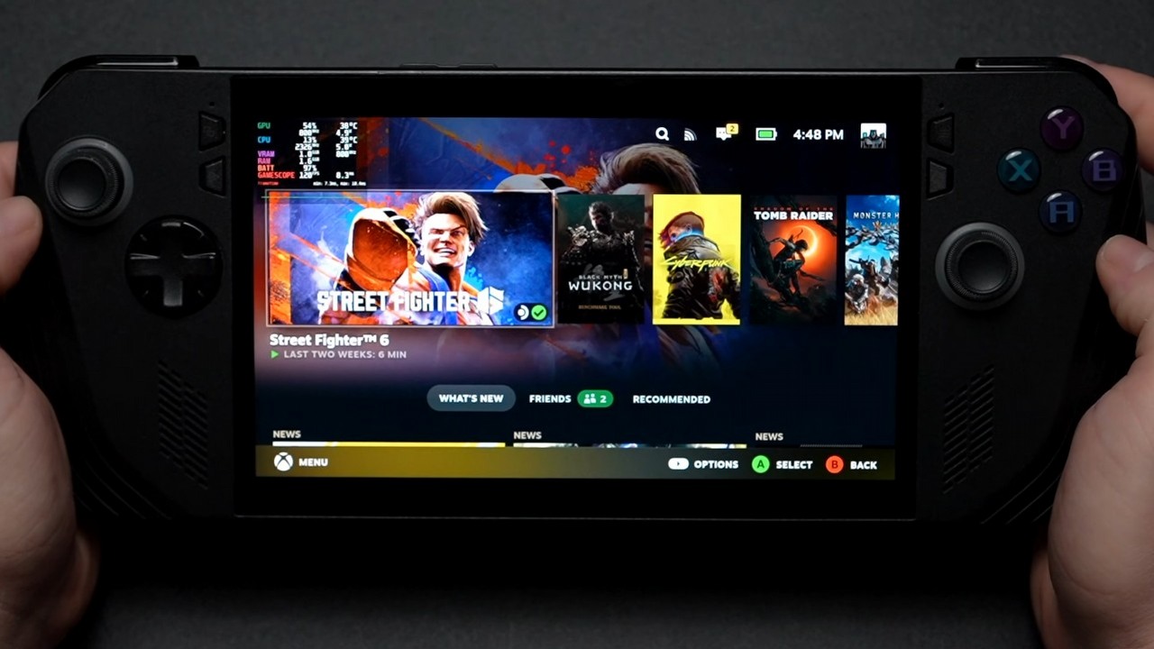 20% więcej mocy. Asus ROG Ally X odlatuje Steam Deckowi po instalacji SteamOS, źródło grafiki: YouTube: ETA PRIME; 2025.