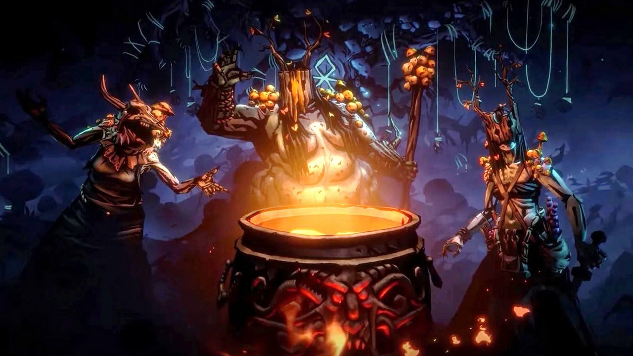 Nad mrocznym RPG fantasy zawisła groza nikczemnych czarownic, przypominających wiedźmy z Wiedźmina 3. Nowa darmowa zawartość uatrakcyjnia Darkest Dungeon 2, źródło grafiki: Red Hook Studios.