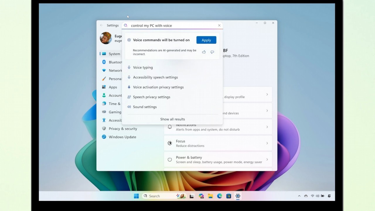 Microsoft wprowadzi AI do ustawień Windowsa 11. Funkcja trafi także na PC z procesorami Intela i AMD, źródło grafiki: YouTube: Microsoft Surface; 2025.