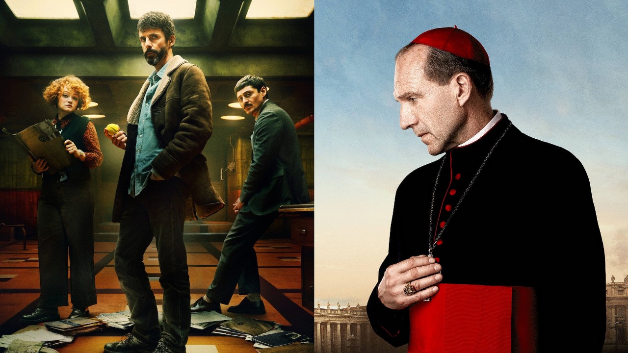 W ten weekend obejrzysz Dept. Q, nowy, znakomity serial kryminalny Netflixa o błyskotliwym detektywie. Głośny thriller Konklawe wreszcie trafił na Prime Video w ramach abonamentu, źródło grafiki: Konklawe, Edward Berger, Access Entertainment, 2024 / Dept. Q, Scott Frank, Netflix, 2025.