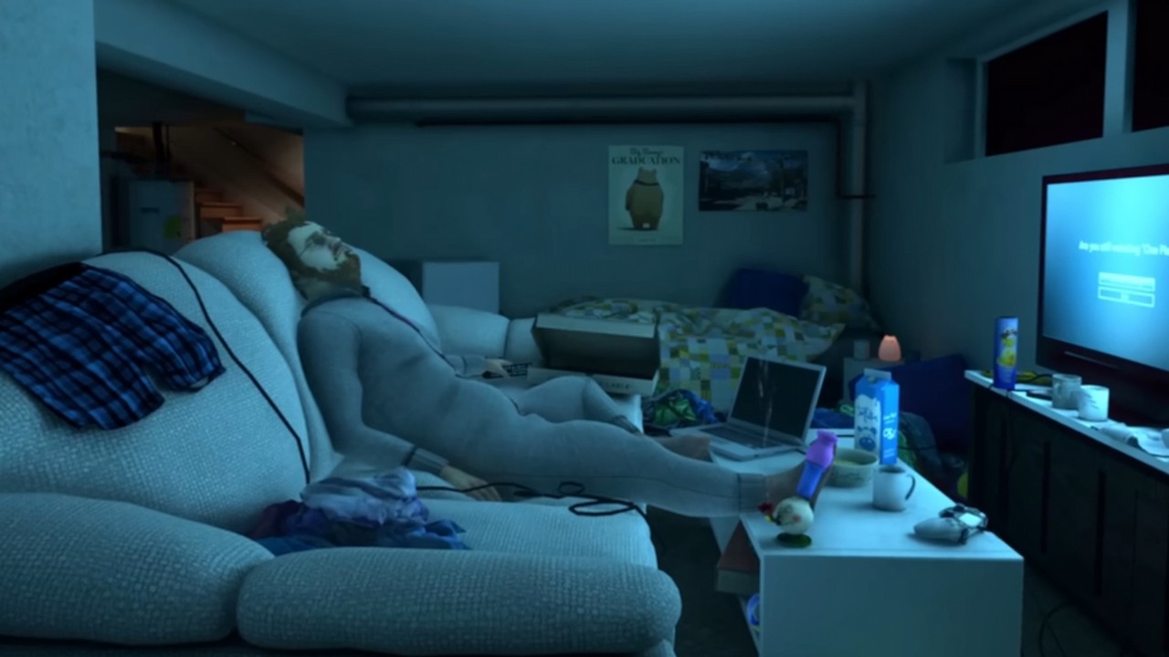 Ma 35 lat, nigdy nie pracował i mieszka u rodziców. Nate myślał, że jego życie jest trudne, do czasu, gdy został zmuszony robić Baby Steps, źródło grafiki: Devolver Digital.