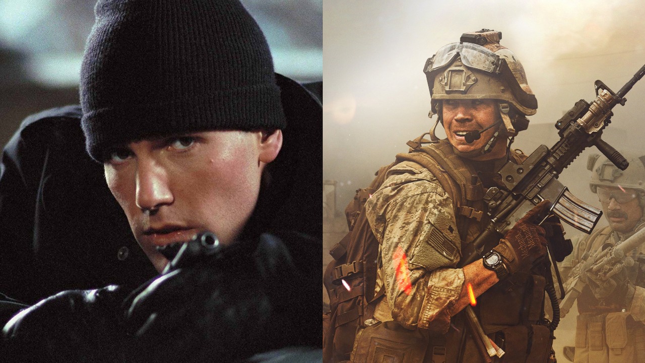 Jeden z najmocniejszych filmów wojennych ostatnich lat trafił na Prime Video, tymczasem na Netflixa wraca klasyczny thriller z Affleckiem i Freemanem, źródło grafiki: Wojna, Alex Garland, A24, 2025 / Suma wszystkich strachów, Phil Alden Robinson, Paramount Pictures, 2002.