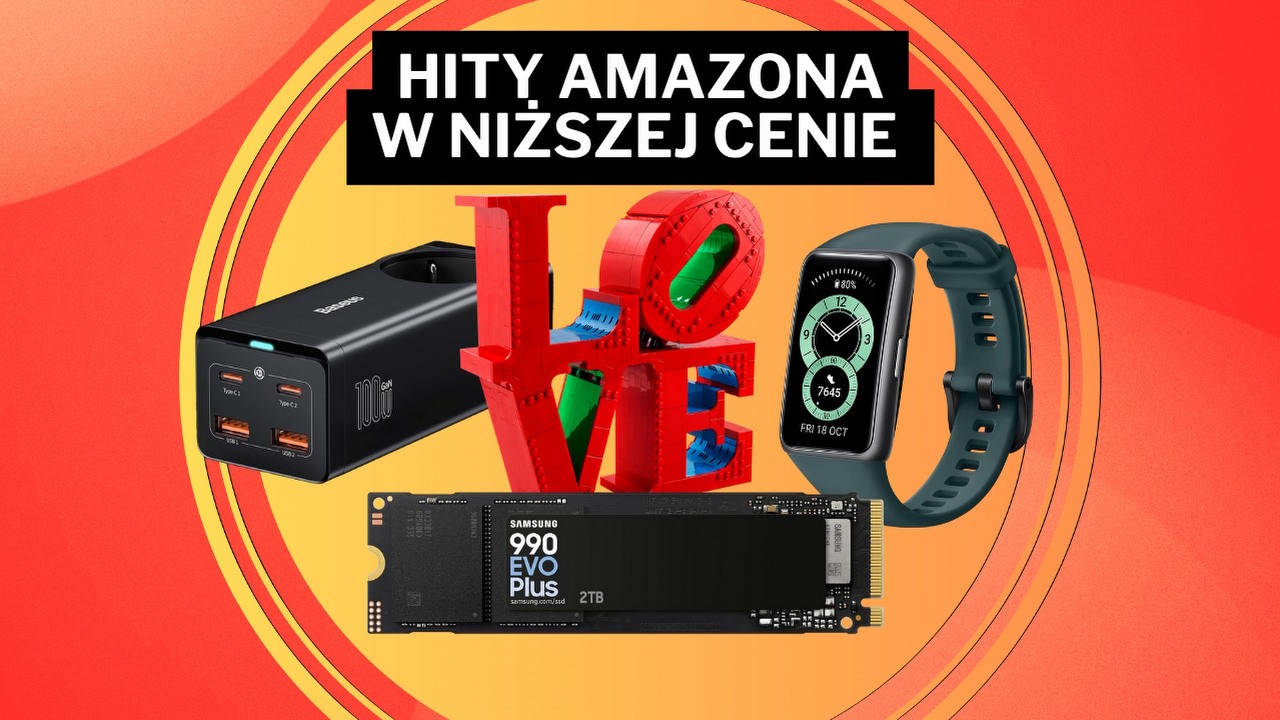 Najlepsze oferty Amazona na poprawę humoru. Wśród nich uwielbiany smartband oraz uniwersalna ładowarka, źródło grafiki: Baseus, Samsung, LEGO, Huawei.