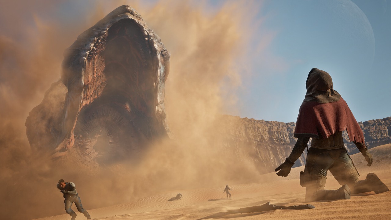 Gracz Dune: Awakening brawurowo uciekł przed olbrzymim czerwiem pustyni. Nawet twórcy gry docenili jego niesamowity wyczyn, źródło grafiki: Funcom.