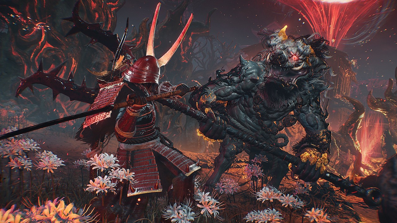 Mroczne RPG akcji NiOh 3 na efektownym gameplayu. Zobacz długą i trudną walkę z demonicznym bossem, źródło grafiki: Team Ninja / Koei Tecmo.