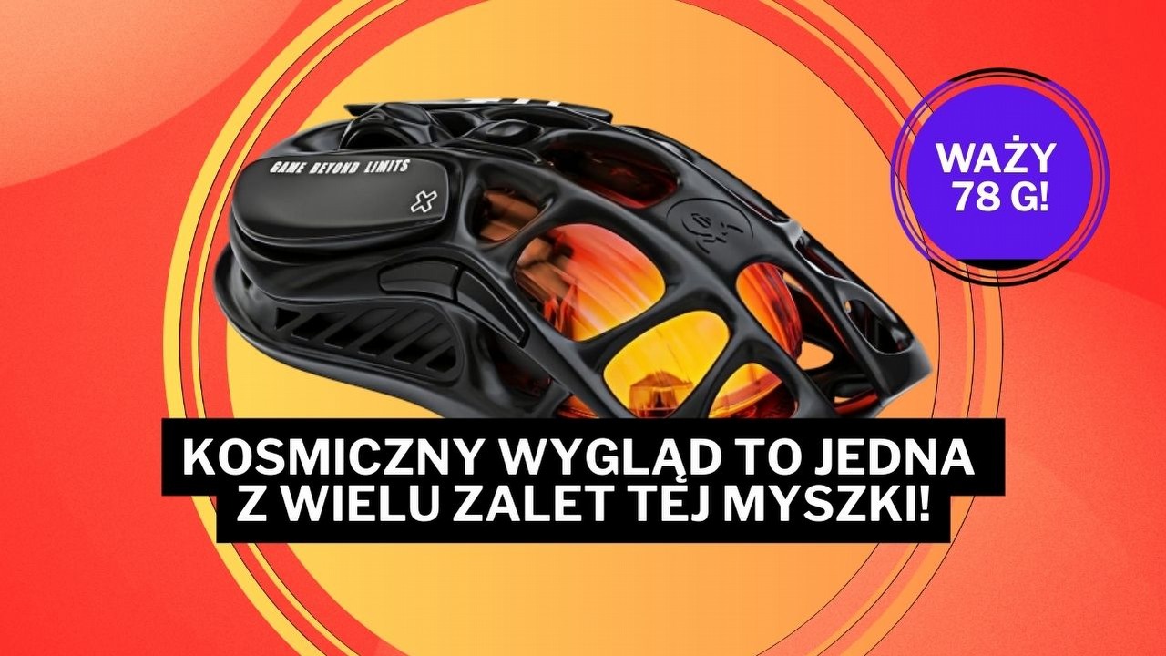 Futurystyczna mysz, która wygląda jak gadżet z filmu SF. Ultralekka, szybka i z potężną baterią, źródło grafiki: GravaStar.