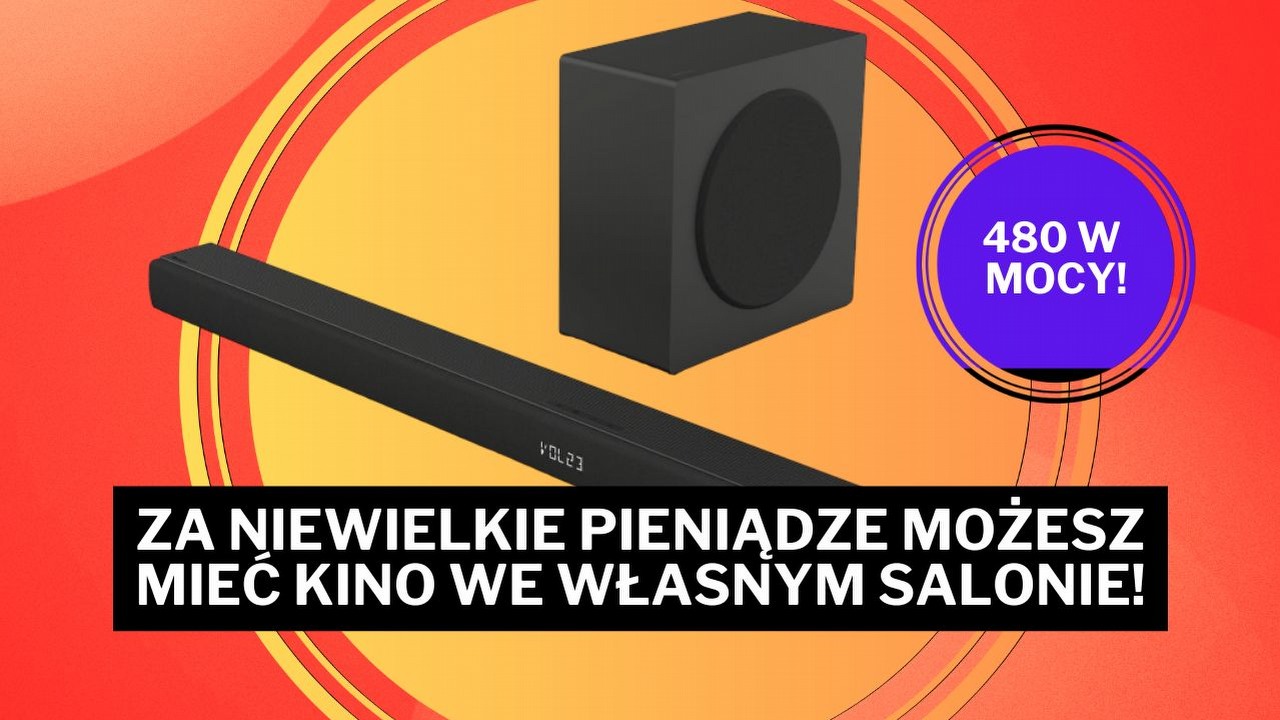 Możesz mieć „dźwięk jak w kinie” dzięki soundbarowi za niecałe 480 zł. Ma moc 480 W i subwoofer, który naprawdę czuć, źródło grafiki: Amazon.pl.