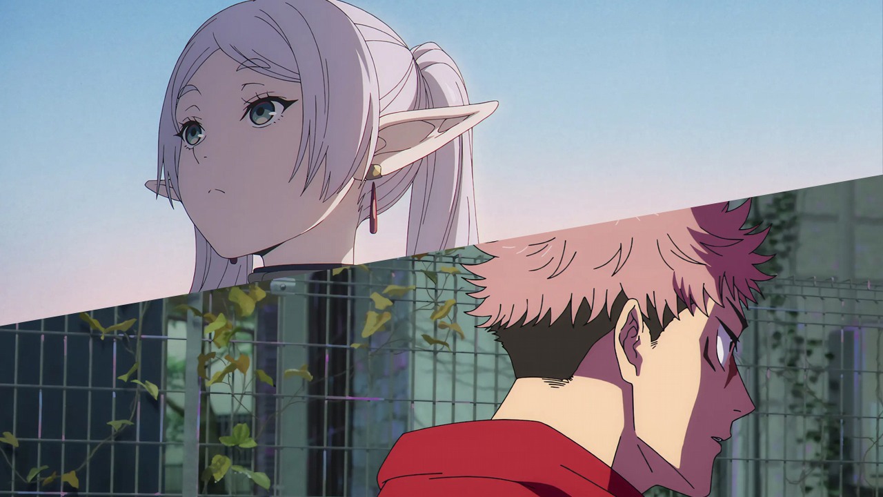 W ostatnich 3 tygodniach Jujutsu Kaisen i Frieren: U kresu drogi zostały zdetronizowane przez inne przebojowe anime, źródło grafiki: Frieren: U kresu drogi, Keiichiro Saito, Madhouse, 2023 / Jujutsu Kaisen, MAPPA, 2020.