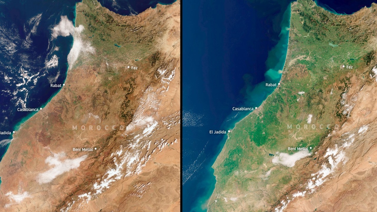 Zdjęcia satelitarne nie pozostawiają wątpliwości: w Maroku spadło tyle deszczu, że od dziesięciu lat kraj ten nie wyglądał tak zielono, źródło grafiki: Satelita Copernicus Sentinel-3; Unia Europejska.