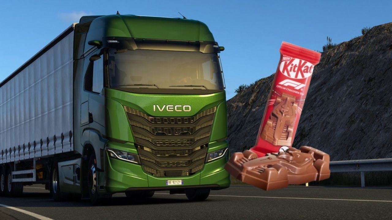 Po wpadce z kradzieżą 12 ton KitKatów twórcy ETS2 nie mogli przegapić okazji do żartów. „Mamy dostawę z Włoch do Polski”, źródło grafiki: SCS Software / Nestle.