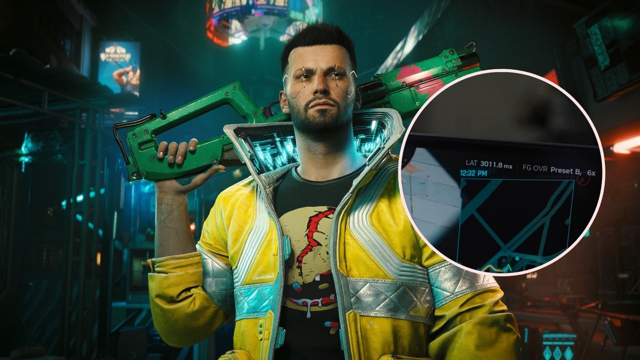 Nawet 3000 ms opóźnienia w Cyberpunku 2077. Gracz przeprowadził ekstremalny test generowania klatek, źródło grafiki: YouTube: Dawid Does Tech Stuff; 2026 / Cyberpunk 2077; CD Projekt RED; 2020.