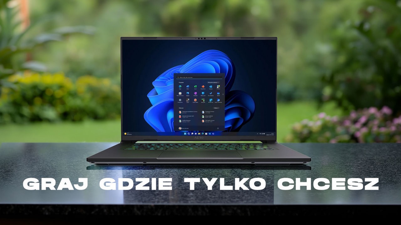 Największą zmianą w gamingu nie są dziś gry. To jest to, gdzie i kiedy w nie gramy, źródło grafiki: GIGABYTE (laptop), tło wygenerowane przez AI (Adobe Firefly).