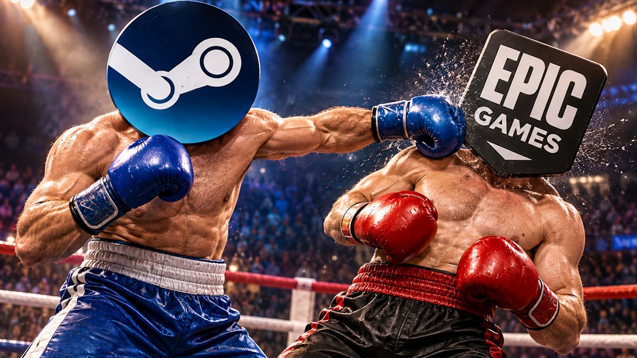 Gracze śmieją się z Epic Games Store, mówiąc, że Steam w 24 godziny „zjadł go żywcem”. Ale to nie do końca prawda, źródło grafiki: wygenerowane przez AI.