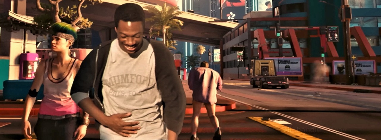 Eddie Murphy robi porządek w Night City; ta przeróbka to złoto, źródło grafiki: YouTube,  eli_handle_b•wav, 2022.