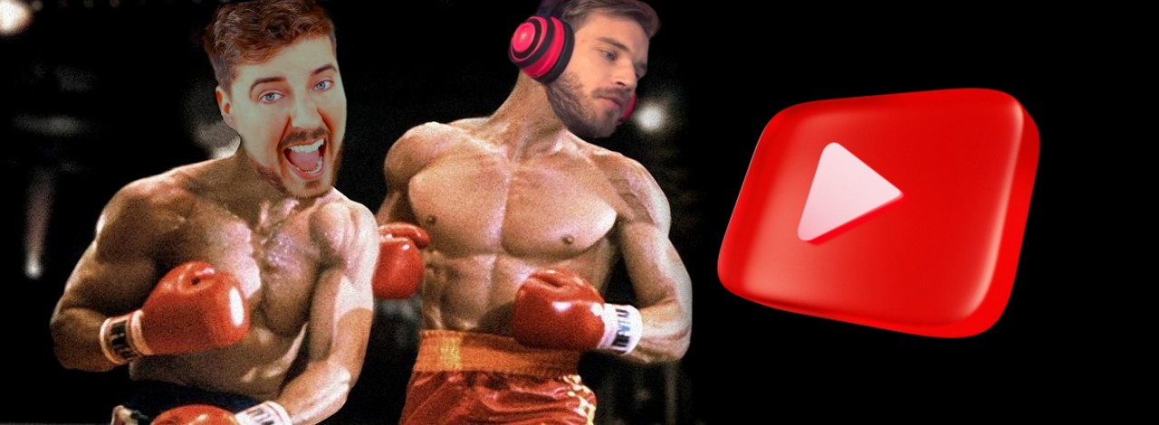PewDiePie oddaje prowadzenie na YouTubie; jest nowy lider, źródło grafiki: Rocky 4, Sylvester Stallone, MGM, 1985, YouTube, PewDiePew, MrBeast, Unsplash, Eyestetix Studio.
