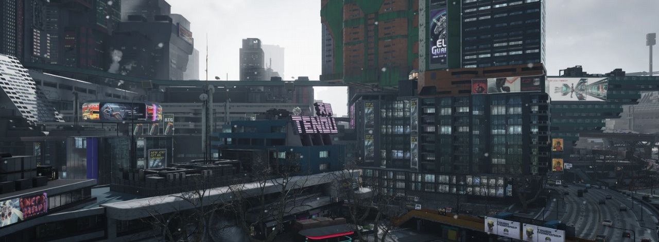 Zima zawitała w Night City. Miasto z Cyberpunka 2077 wygląda całkowicie inaczej pod warstwą śnieżnego puchu, źródło grafiki: sosuine / Nexus Mods.