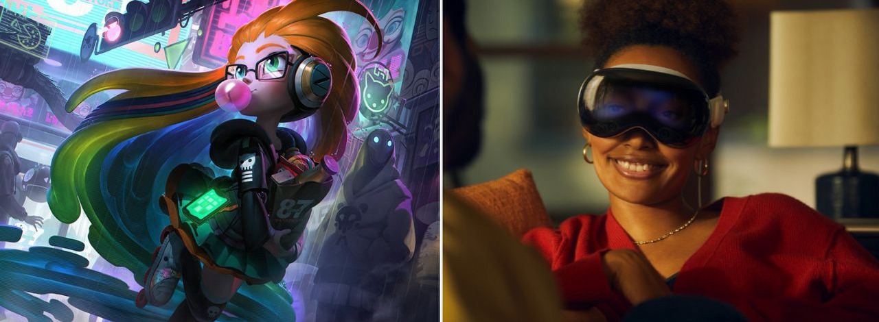 W LoL-a zagracie także na Apple Vision Pro. Do perfekcji sporo brakuje, ale w zamian możecie przeglądać buildy podczas gry i pisać ze znajomymi, źródło grafiki: Riot Games|Apple.