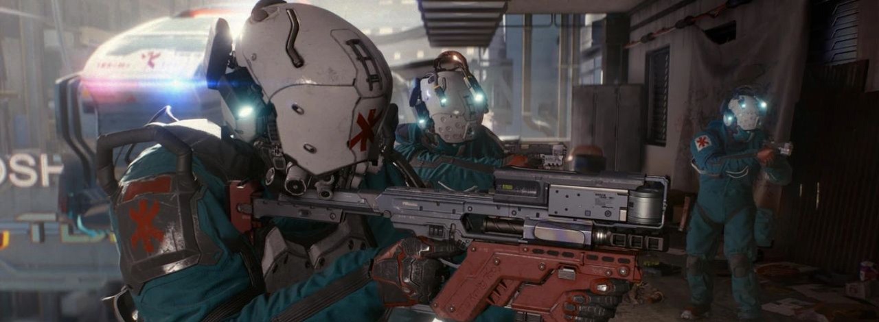 Ten hełm Trauma Team z Cyberpunka 2077 jest tak wiarygodny, że przebija kostiumy z Hollywood. Można go nosić i automatycznie otwierać, źródło grafiki: CD Projekt RED.