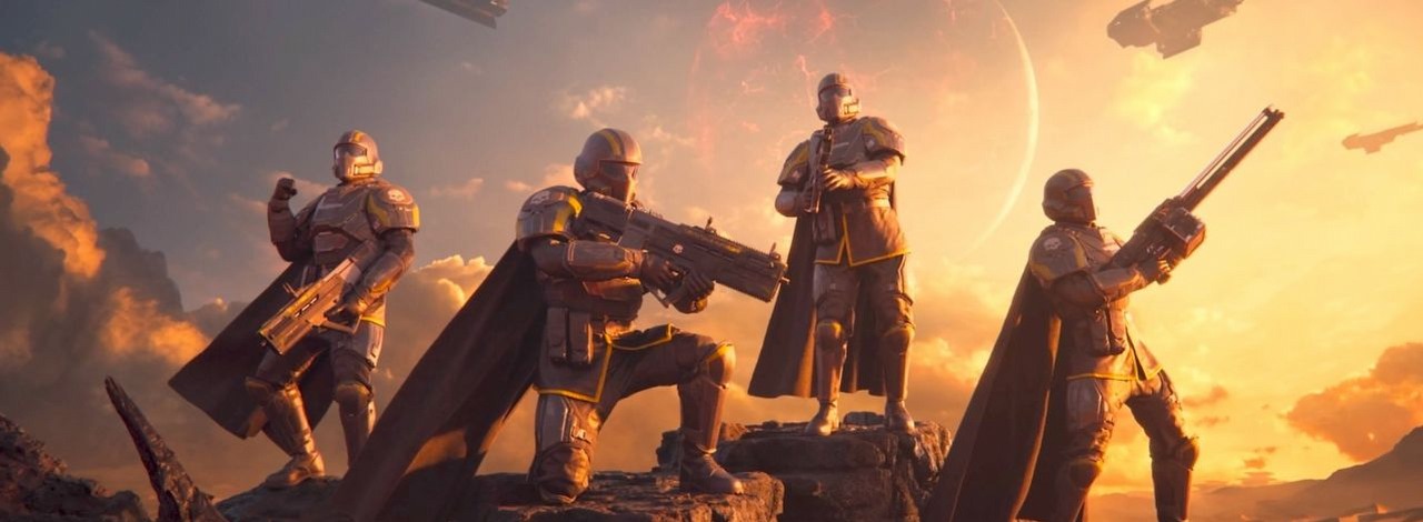 Obrońcy demokracji z Helldivers 2 mają przechlapane. Na polu boju pojawiły się latające Automatony i wielkie maszyny kroczące, źródło grafiki: Arrowhead Game Studios.