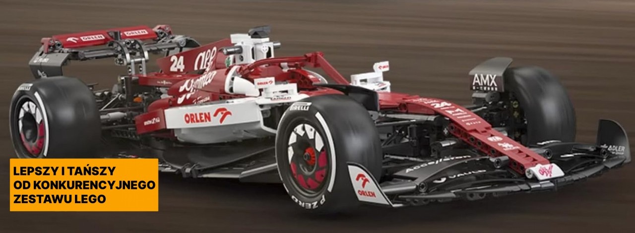 LEGO ze swoim Mercedesem F1 może się pakować, bo model bolidu Alfa Romeo C42 Team Orlen wygląda o niebo lepiej i kosztuje znacznie mniej, źródło grafiki: CaDA; materiały promocyjne.