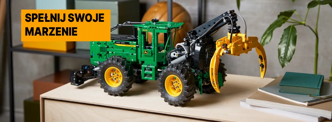 Amazon pozwala spełnić marzenie niejednego chłopca za niewielkie pieniądze. LEGO John Deere ciągnik zrywkowy to zestaw, który wzbudzi Twój zachwyt, źródło grafiki: LEGO.