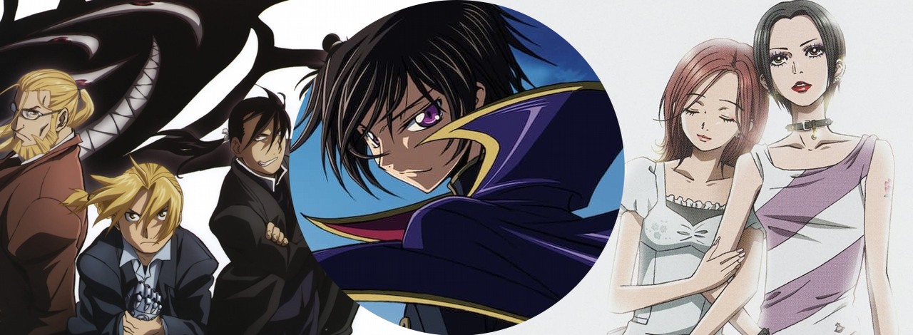 Anime dla początkujących. Na jednej grafice zebraliśmy tytuły, od których warto zacząć przygodę z japońskimi produkcjami, źródło grafiki: Fullmetal Alchemist: Brotherhood, Yasuhiro Irie, Studio Bones, 2009 / Code Geass Lelouch of the Rebellion, Sunrise, 2006 / Nana, Morio Asaka, Madhouse, 2006.